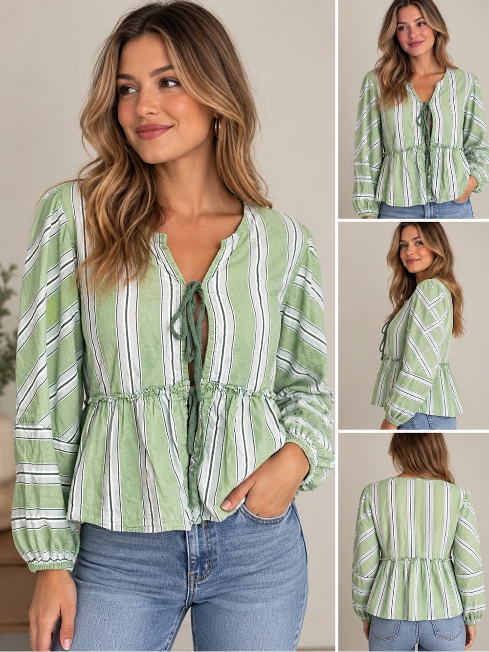 Anthropologie Light Green Striped Tie-Front Peasant Top